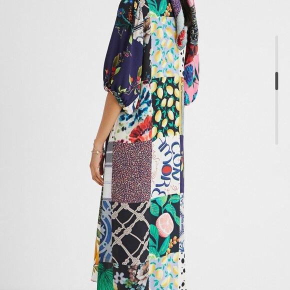 Desigual Patchwork Poof Sleeve Button Front Midi Dress sz XS Rose Tattoo Seer - Picture 6 of 6